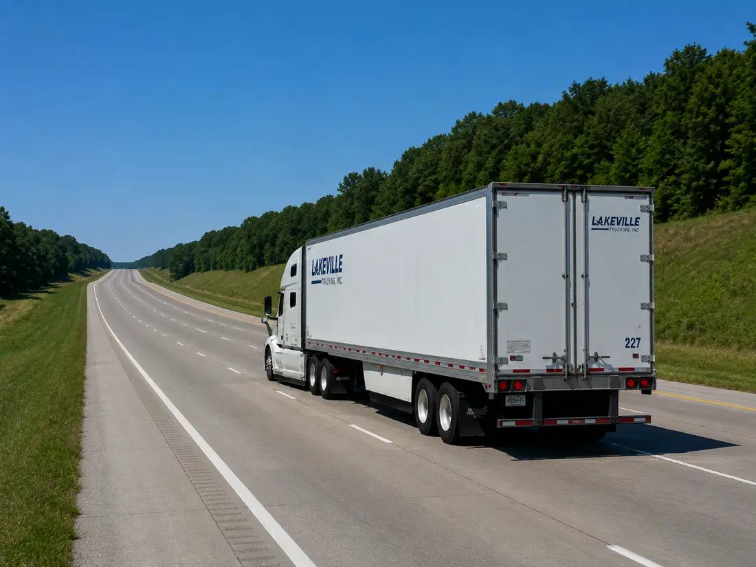 Lakeville Trucking semi truck hauling a dry van trailer on an open highway